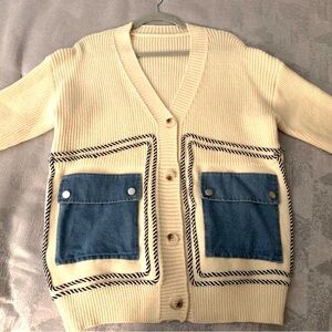 Cream Cardigan with Blue Denim Pockets